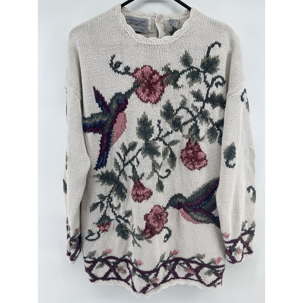 N. Isles VTG Hand Knitted Hummingbird Floral Cottagecore Grandma Heavy Sweater L
